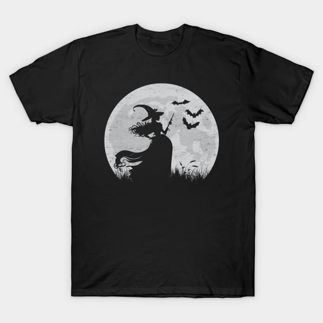 Moonlit Halloween Witchcraft: Witch Silhouette Against A Full Moon T-Shirt by TwistedCharm